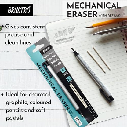 BRUSTRO Fine Art Graphite Pencil - Set of 12 (10B - 2H) with Mechanical Precision Retractable Eraser(2.3mm) | Ideal for Drawing,Sketching,Mandala,Shading,Artwork, Beginners, Artists and Professionals - style: Graphite Pencil + Mechanical Eraser