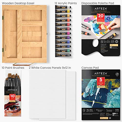 Arteza Acrylic Art Set, Includes Tabletop Easel, 12 Acrylic Paint Tubes, Palette Paper, 10 Paintbrushes, Canvas Pads & Canvas Panels, Art Supplies for Beginners and Professional Artists - style: Art Set with Easel