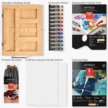 Arteza Acrylic Art Set, Includes Tabletop Easel, 12 Acrylic Paint Tubes, Palette Paper, 10 Paintbrushes, Canvas Pads & Canvas Panels, Art Supplies for Beginners and Professional Artists - style: Art Set with Easel