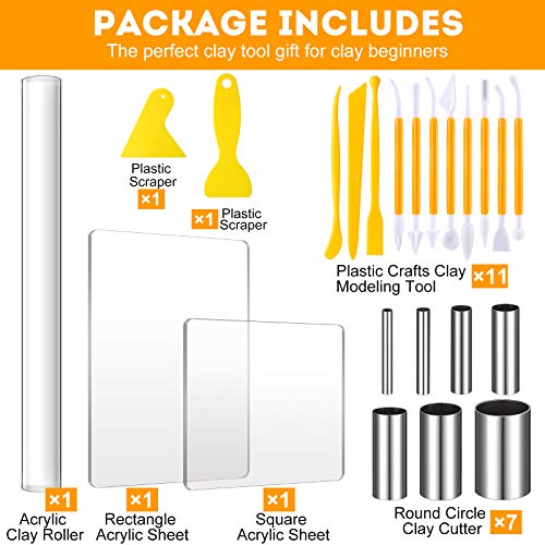 Honoson 24 Pcs Clay Sculpting Tools Kits Polymer Clay Tools DIY Set with Roller, Acrylic Sheet, Scraper Backing Board, Round Circle Shape Cutter, Shaping for Art Craft(Yellow) - color: Yellow