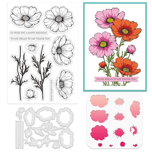 ORIGACH Realistic Cosmos Stamps and Dies and Layering Coloring Stencil Set | Silicone Stamps Metal Die Cut and Flower Stencil Template for Card Making Scrapbooking DIY Crafting - color: Cosmos