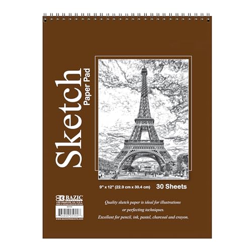 BAZIC Products Spiral Sketch Pad, Top Bound, 9 x 12 in, 30 Sheets, 48-Case | 30-sheet spiral sketch pad, smooth drawing paper for sketching, shading - color: 30 Sheets - 9"x12", size: 48-Pack