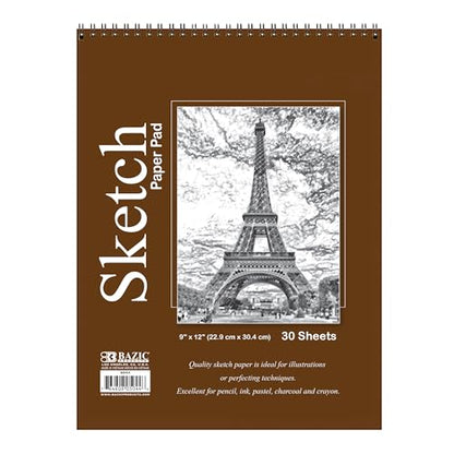BAZIC Products Spiral Sketch Pad, Top Bound, 9 x 12 in, 30 Sheets | 30-sheet spiral sketch pad, smooth drawing paper for sketching, shading - color: 30 Sheets - 9"x12", size: 1-Pack