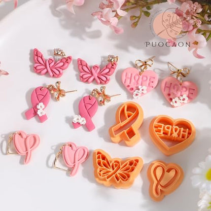 Puocaon Cancer Awareness Clay Cutters - 7 Pcs Pink Ribbon Clay Cutters for Polymer Clay Earrings, Heart Gifts Butterfly Clay Earring Cutters Survivor Group Jewelry Design
