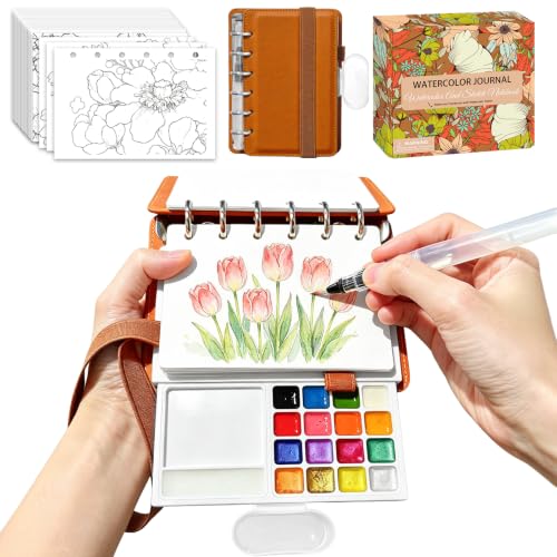 Travel Watercolor Set, 16 Colors Standard (8 Matte & 8 Shimmer), Mini Paint Kit with 30-Sheet 300G Cotton Sketchbook, Detachable Palette, Water Cup & Water Brush, Orange - color: Orange