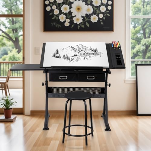 ZENY Adjustable Drafting Table with Stool, Tilting Drawing Desk Artist Table with Storage Drawers, Art Craft Workstation for Home Office Reading, Writing, Crafting - color: Black