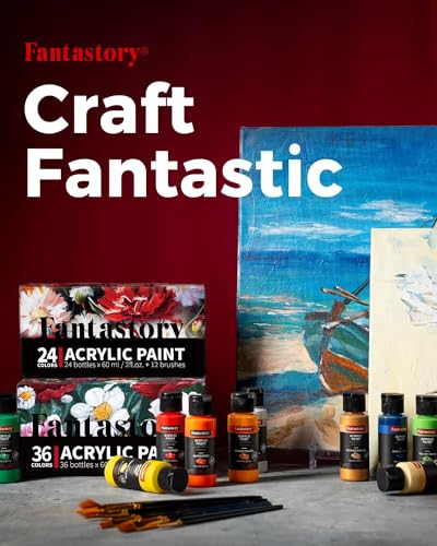 Fantastory Acrylic Paint Set 36 Classic Colors(2oz /60ml) with 12 Brushes, Professional Craft Thick Paints Kits for Adults, Canvas Wood Fabric Ceramic Rock Painting Supplies [Professional Series] - style: 36 Classic Colors