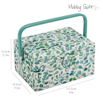 Hobby Gift Medium Sewing Box Organiser, Fabric Covered Storage Box with Handle, Internal Tray, Pin Cushion and Pocket for Sewing, Quilting and Knitting Supplies - color: Eucalyptus