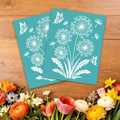 2 Sheets Dandelion Butterfly Silk Screen Stencil, Nature Floral Self-Adhesive Silk Screen Printing Stencils Reusable Mesh Stencil for Painting on Wall, Wood, T-Shirt, Home Craft Decor - style: Dandelion