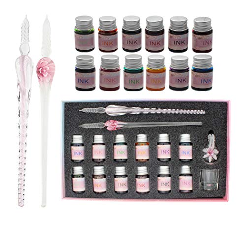 XIAOYU Glass Dip Pen Ink Set, 16 Pieces Calligraphy Pens Set - 12 Colorful Inks, Pen Holder, Cleaning Cup, 2 Crystal Glass Pens for Writing, Signature - Pink - color: Pink