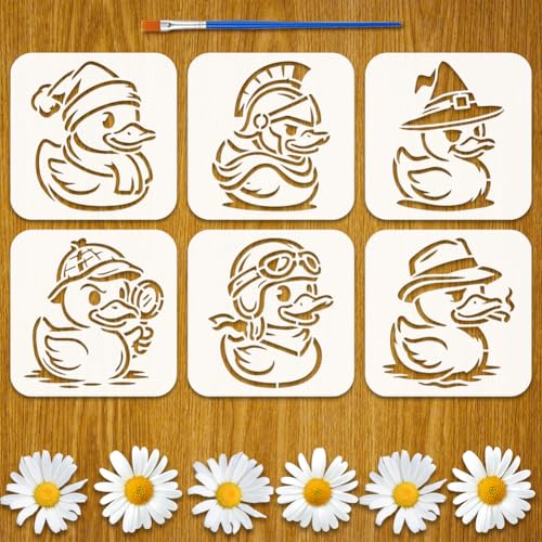 FINGERINSPIRE 6PCS Duck Stencils 5.9x5.9 Inch Cute Little Duck Painting Stencils Fun Cartoon Ducks Drawing Templates with a Brush for Crafts Wall Decor Wood Fabric Furniture Decoration - style: Duck
