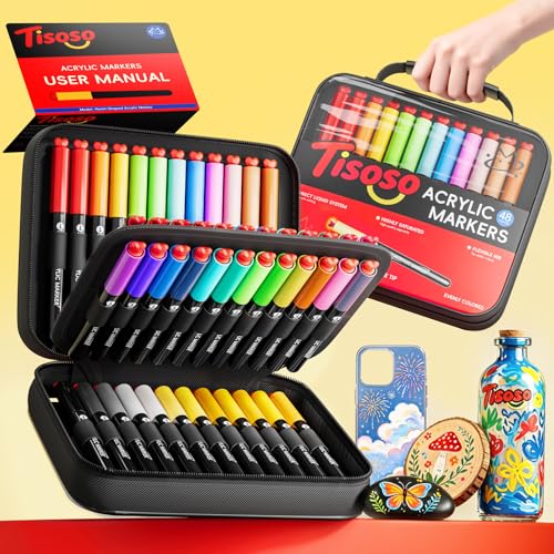 Tisoso Acrylic Paint Markers 48 Colors with Brush Tips, Direct Liquid, Auto Control Ink, Water Based No Bleed Markers, High Opacity Waterproof Paint Pens for Rock, Wood, Pumpkin DIY Craft - color: 48 Colors