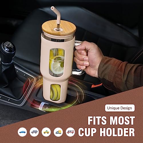 WINSA Glass Tumbler with Lid and Straw, 46 oz Iced Coffee Cup with Handle, Large Water Bottles with Silicone Sleeve, Glass Cup with Straws - Pearl Straw & Drinking Straw BPA Free-Amber - color: Amber, size: 46 Ounces