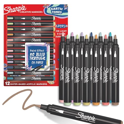 Sharpie Creative Markers, Earth Tones, Water-Based Acrylic, Bullet Tip, 12 Count – Arts & Crafts, School Classroom; Works on Paper, Metal, Wood, Ceramic, Glass, Rock, Canvas - color: Earth Tones, style: Bullet Tip