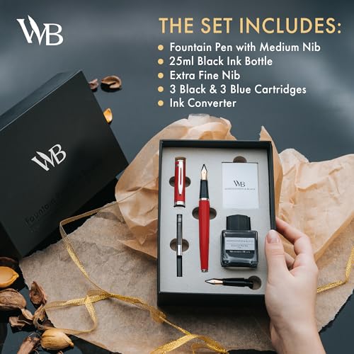 Wordsworth & Black Fountain Pen Set,18K Gilded Medium and Extra Fine Nib,25ML Black Ink Bottle,6 Ink Cartridges,Refill Converter, Gift Box, Smooth Writing Pens [Red Chrome],Gift Set for Men and Women - color: Red Chrome