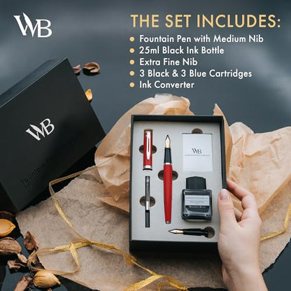 Wordsworth & Black Fountain Pen Set,18K Gilded Medium and Extra Fine Nib,25ML Black Ink Bottle,6 Ink Cartridges,Refill Converter, Gift Box, Smooth Writing Pens [Red Chrome],Gift Set for Men and Women - color: Red Chrome