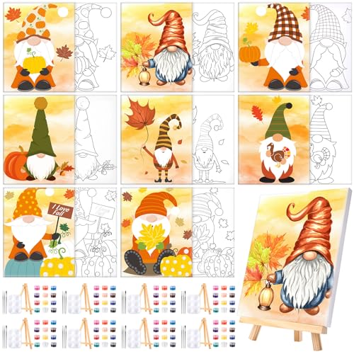 Humyoun 8 Sets 8" x 10" Fall Gnome Pre Drawn Canvas to Paint for Sip and Paint Party Thanksgiving Predrawn Coloring Set Pre Sketched Canvas Boards with Paints and Brushes for Adult - style: Gnome