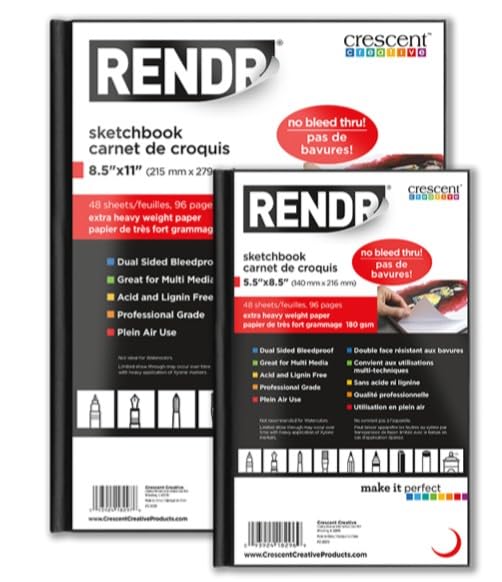 RENDR Hardbound Sketchbook 8.5x11, Bleed-Proof Paper for Alcohol Markers, Copic and Ink | 180 GSM, No Show-Thru, 48 Sheets