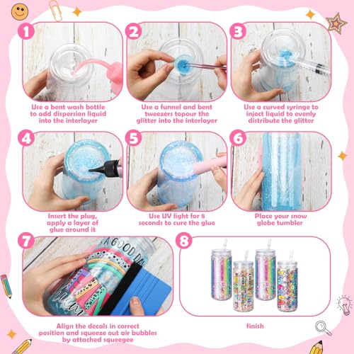 Meanplan 24 Pcs End of Year Teacher Appreciation Gifts DIY Snow Globe Tumbler Starter Kit, 16 oz 4 Double Wall Cups, UV Dtf Cup Wraps Glitter Sequins Tools for Back to School Birthday Retirement Gifts - style: Teacher Appreciation