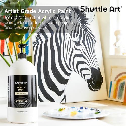Shuttle Art Titanium White Acrylic Paint, 69oz/2040ml Large Capacity Pump Bottle with Cover, Fast Drying Non-Toxic, High Coverage Titanium White Paint for Kids, Artists, Students & DIY Crafts - color: White, size: 69 Fl Oz (Pack of 1)