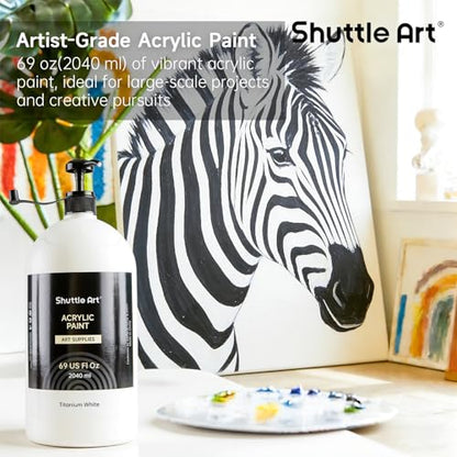 Shuttle Art Titanium White Acrylic Paint, 69oz/2040ml Large Capacity Pump Bottle with Cover, Fast Drying Non-Toxic, High Coverage Titanium White Paint for Kids, Artists, Students & DIY Crafts - color: White, size: 69 Fl Oz (Pack of 1)