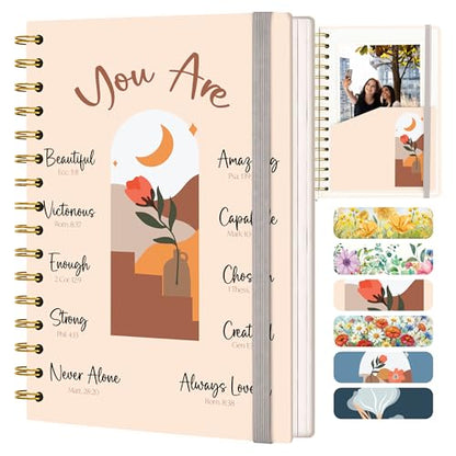Hardcover Blank Christian Notebook – 140 Pages – You Are | Lined Pages with Bible Verse Cover – Inspirational Writing Spiral Notebook for Bible Study and Prayer - color: Beige