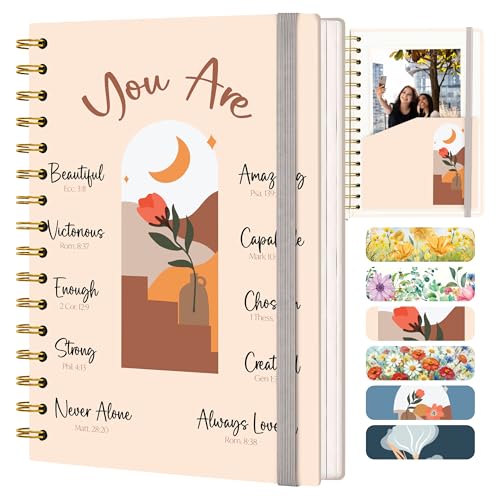 Hardcover Blank Christian Notebook – 140 Pages – You Are | Lined Pages with Bible Verse Cover – Inspirational Writing Spiral Notebook for Bible Study and Prayer - color: Beige