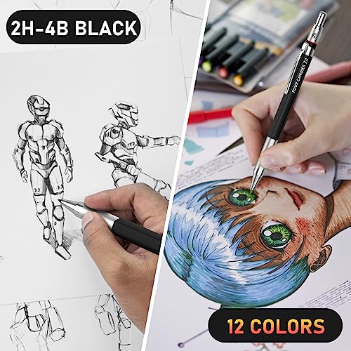 Four Candies 2MM Mechanical Pencil Set with case, Artist Led Pencil Metal Lead Holder with 60PCS Graphite Lead Refill (HB, 2H, 2B, 4B, Color) Kneaded Eraser, Sharpener for Writing, Drawing, Sketching - size: 9 Piece Set