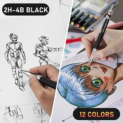 Four Candies 2MM Mechanical Pencil Set with case, Artist Led Pencil Metal Lead Holder with 60PCS Graphite Lead Refill (HB, 2H, 2B, 4B, Color) Kneaded Eraser, Sharpener for Writing, Drawing, Sketching - size: 9 Piece Set