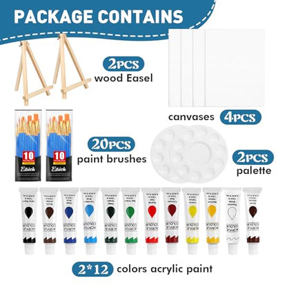 ESRICH 52PCS Acrylic Paint Canvas Set, Acrylic Painting Kit with 2 Set of 12 Colors Acrylics Paint,Paint Brushes,Canvas, Wooden Easels, Art Plates, Art Painting Supplies for Kids Adults Beginners - color: 24