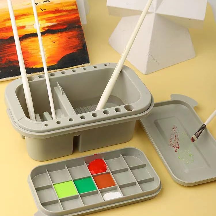 with Lid - 3-in-1 Organizer Includes Paint Palette & Water Cup, Portable Brush Storage & Cleaner Set for Acrylic/Oil Painting
