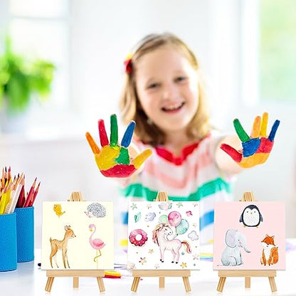 Mimorou 64 Pack Mini Canvas with Easel Sets for Painting Small Art Stretched Canvas Panels Pack with Wood Display Easel for Classroom Crafts, Art Projects, Birthday Paint Party Favors (4 x 4 Inch) - size: 4 x 4 Inch