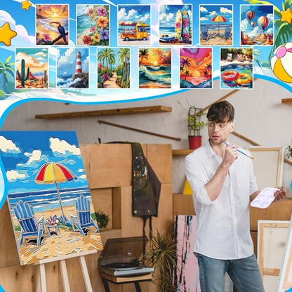 Zhanmai 72 Pcs 12 Sets Sip and Paint Kit Pre Drawn Canvas for Painting 8" x 10" Paint Party Canvas Painting Pre Printed Canvases for Party Favor DIY Virtual Adult's Date Night(Summer Color) - style: Hawaii Landscape
