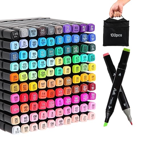 Kebuye 100 Colors Alcohol Markers Set, Dual Tips Blender Art Markers for Drawing Sketching Coloring Artist Pens and Underlining, Professional Permanent Sketch Markers for Kids Adult Coloring - style: Black-100PCS
