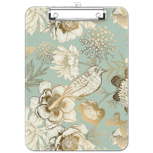 Plastic Cute Clipboard Low-Profile Metal Clip, A4 Letter Size 9 x 12.5 in, 8.5 x 11 Paper Clip Board for Teachers, Nurses, Classroom,Floral Bird - color: Floral Bird
