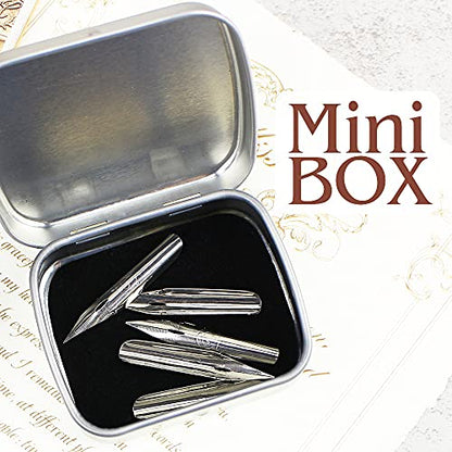 1 Set Dip Pen Wooden English Calligraphy Oblique Nib Holder With Mini Box and 5 Nibs (Round Style Set)