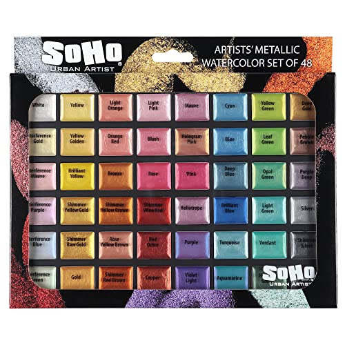 Soho Urban Artist Metallic Watercolors Set – 48 Vibrant Metallic Half Pans in Travel Case – Professional Shimmer Watercolor Paint Set for Artists, Crafters & Mixed Media - size: 48 Count (Pack of 1)