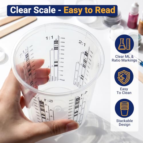 Gartful 12 Pack 19oz Clear Plastic Measuring Cups with 12 Stir Sticks, Disposable Graduated Mixing Cups with ml Scale & 3-Column Paint/Hardener/Thinner Mixing Ratios (1:1-7:1) for Epoxy Resin, Paint - size: 19oz / 570ml - 12 Set