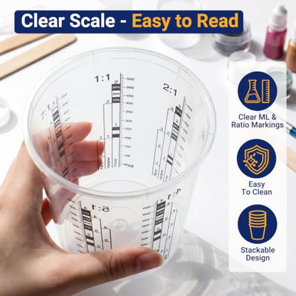 Gartful 12 Pack 19oz Clear Plastic Measuring Cups with 12 Stir Sticks, Disposable Graduated Mixing Cups with ml Scale & 3-Column Paint/Hardener/Thinner Mixing Ratios (1:1-7:1) for Epoxy Resin, Paint - size: 19oz / 570ml - 12 Set