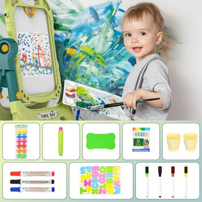 Kids Art Easel, Adjustable Drawing White Board & Chalk Board, Toddler Double Sided Easel with Painting Accessories, Birthday Gift for Girls Boy Age 3 4 5 (Green) - color: Green