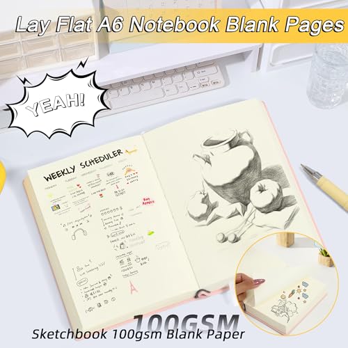Thick Blank Journal Notebook 400 page With Pen Holder 100gsm Thick Blank Paper，A6 Unlined Plain Sketchbook ， Small Soft Leather Unlined Pocket Blank Notebook For Women Drawing Book Memo Writing Sketch Travel Diary 3.9 × 5.5 (No Worries) - color: Yellow-No
