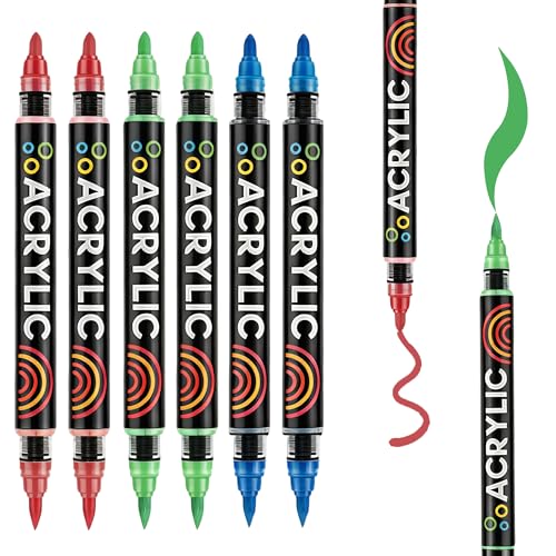 Acrylic Paint Markers, Dual Tip with Fine Tip and Brush Tip Acrylic Paint Pens for Stone, Paper, Wood, Glass, Fabric Paint, DIY Crafts (6, 2Red+ 2Blue+ 2Green) - color: 2Red+ 2Blue+ 2Green