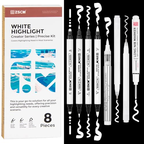 8 Pack White Acrylic Ink Pens for Drawing, Fine Point White Gel Pens, Brush Tip Markers，Dual-Tip Opaque Acrylic Markers for Highlighting Drawing, Sketching, Illustration, Card Making - color: 8 white