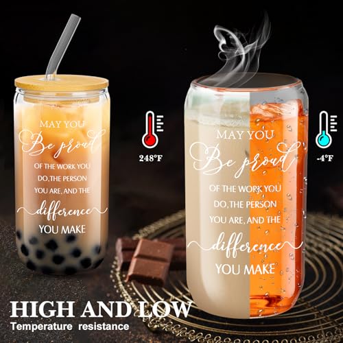 Layhit 24 Set Thank You Team Gifts for Employees Staff Coworker Appreciation Gifts for Teacher Nurse Thank You Glass Cups 16 oz Can Shaped Beer Glass with Lids Straws Brushes(Elegant Style) - style: Elegant Style