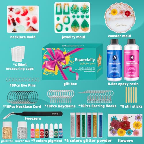Teexpert Epoxy Resin Kit with Molds – Jewelry Making Kit with Keychain, Coaster & Earring Molds, Complete DIY Resin Kit for Beginners & Adults, Starter Set for Craft and Casting
