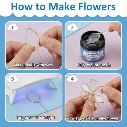 25PCS UV Dip Resin Kit for Wire Flowers Jewelry, 100g UV Dip Resin with Light Set, Crystal Clear Fast Curing Resin, Silicone Mat, UV Dip Epoxy Resin Jewelry Making Kit Supplies, DIY Art Crafts