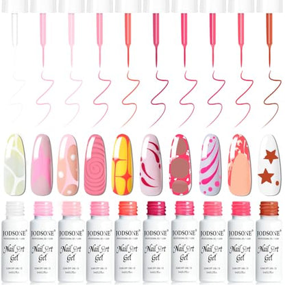 JODSONE Nail Art Gel Liner Set 10 Colors Pink Collection Gel Nail polish Need U V Lamp Cured at Home Salon Design Gifts for Women & Girls - color: LFH01-LFH10