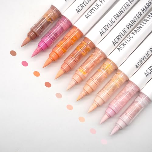 Water Based Acrylic Paint Markers, 9 Colors Acrylic Paint Pens Set with Soft Brush Tip, Marker Pen for Rock Painting, Egg, Wood, Glass, Paper, Mugs, Acrylic Painter Ink (Colour of Skin Series) - color: Colour of Skin Series