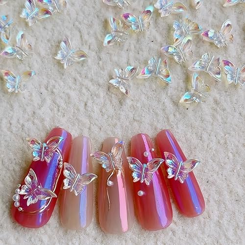 300Pcs Butterfly Nails Charms 3D Resin Elegant Butterfly Nail Rhinestones 3D Resin Aurora Butterflies Nail Gems and Charms Kawaii Nail Diamonds Butterfly Nails Jewels for Women Acrylic Nail Supplies - color: white