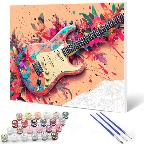 Aihonmin Paint by Numbers Kits 16 x 20 Canvas DIY Oil Painting for Students,Adults Beginner with Brushes & Acrylic Pigment - Colorful Music Guitar Ice Fire(Frameless) Easy Canvas Oil Painting - color: Music-06, size: 16''x20''(Frameless)